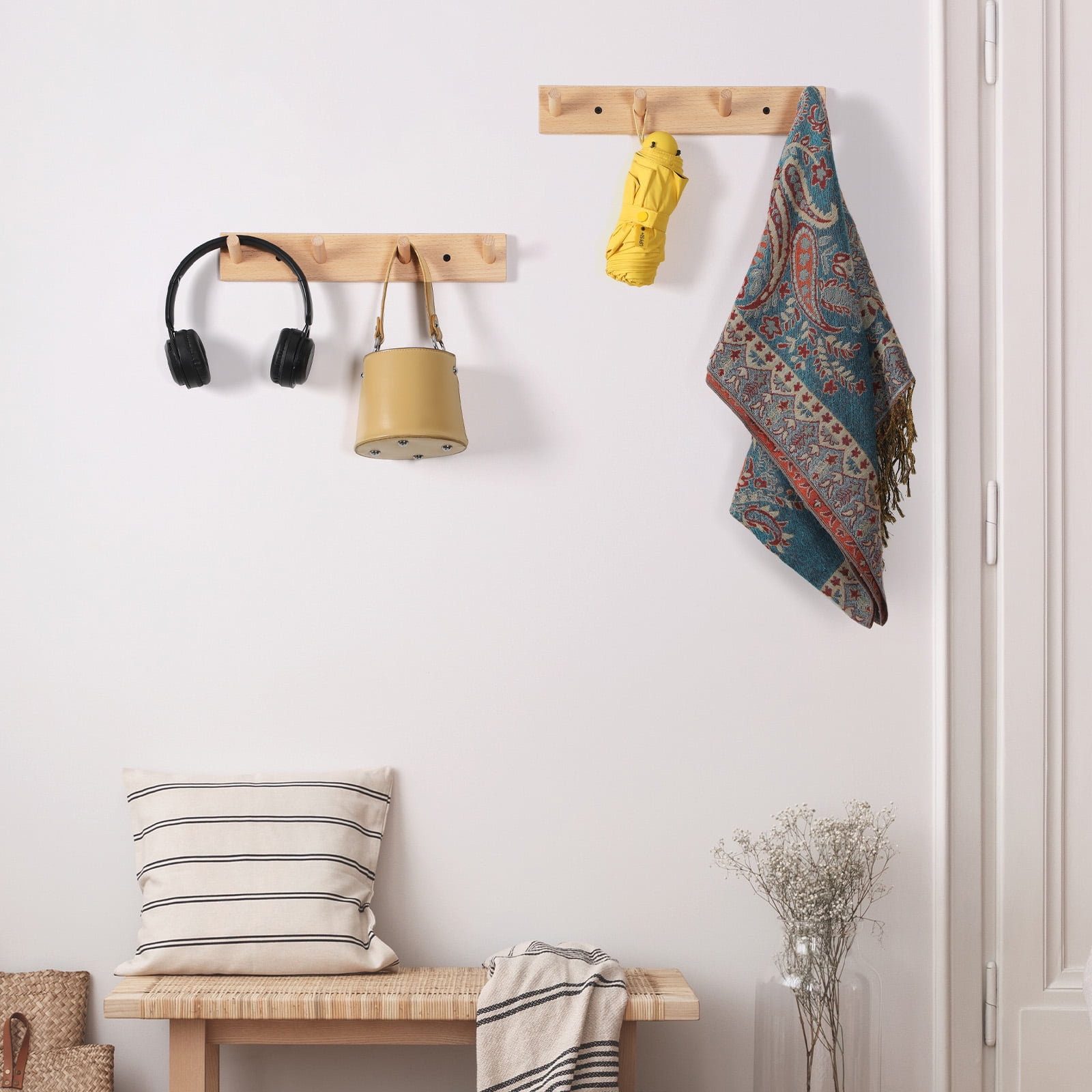 Wall Mounted Wood Coat and Hat Rack, 4 Hooks, Light Brown