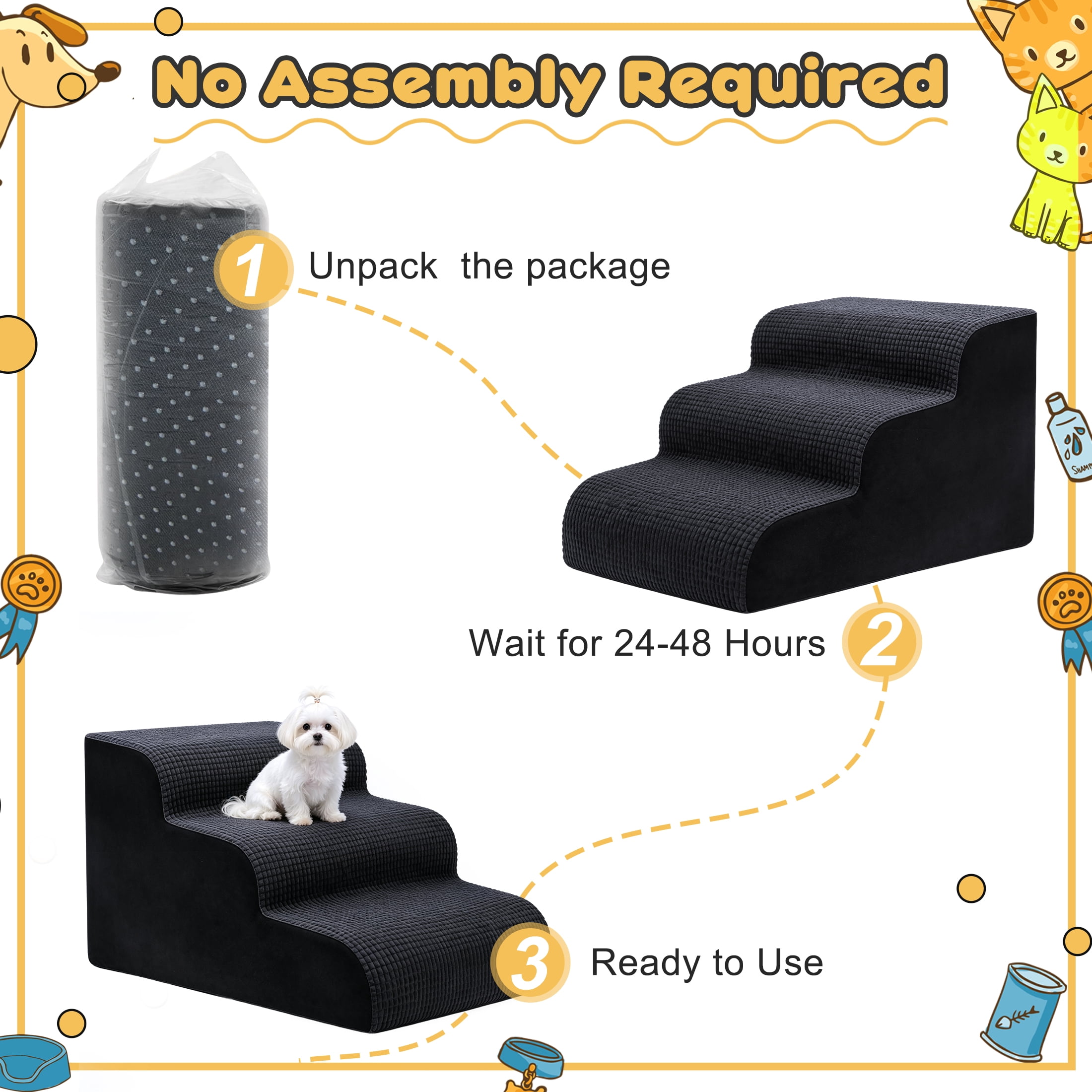 Pet Stairs, 3 Step High Density Foam Dog Steps for Small Dogs & Cats, Non Slip Pet Ramp with Removable Cover, Dog Stairs for Couch, Bed, Sofa