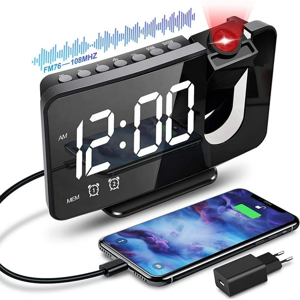 Radio reloj despertador digital, 180° con función de radio FM, despertador digital LED matutino con puerto de carga USB, proyector de techo, reloj despertador 4