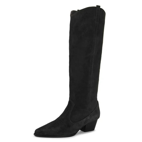 FSJ Women Knee High Boots Stacked Chunky Mid Heel Pointy Closed Toe Pull On Boots Slouchy Fashion Cowgirl Dress Long Shoes Size 8 Black