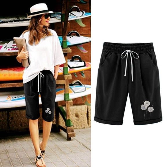 Blmnix Womens Shorts Pleated Linen Shorts Long Shorts Short Black High Loose Womens Running Shorts,L