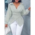 thumbnail image 4 of Summer Tops for Women Trendy Striped Button Front Long Sleeve Blouse Green L, 4 of 6