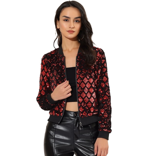 Women's Sequin Long Sleeve Zipper Up Glitter Bomber Jacket Red XS