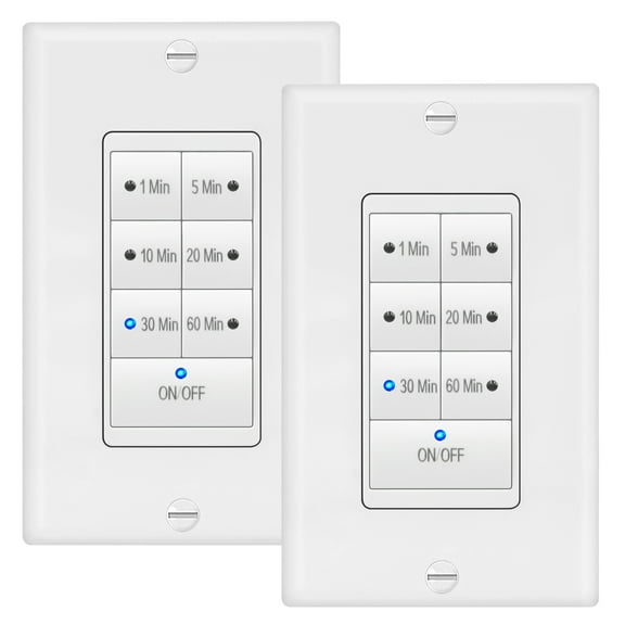 Maxxima 1875 Watt 7 Button Countdown Timer Switch, Maximum 60 Minutes Delay, ½ HP Perfect for Bathroom Exhaust Fans, Wall Plate Included (2 Pack)