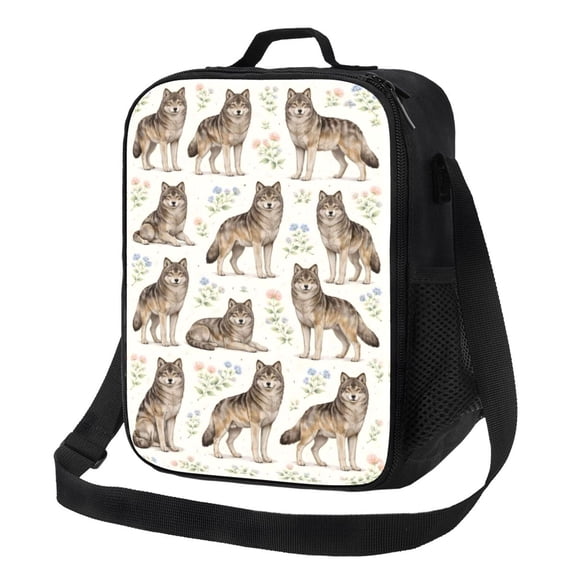 Gray Wolf Lunch Bag Insulated Thermal Box with Shoulder Strap & Handle for Work and Picnic