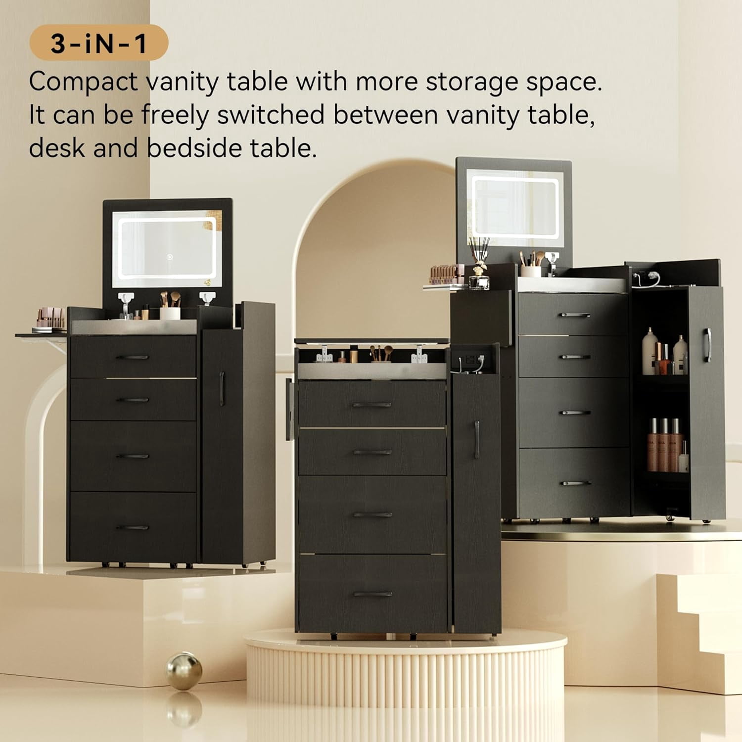 Herture 3 in 1 Vanity Desk with Flip Top Mirror, LED Lights, Side Cabinet,Collapsible Desk Panel, Hidden Stool with Storage, Small Makeup Vanity Table with Power Outlets, Compact Vanity,Black PT01DTB