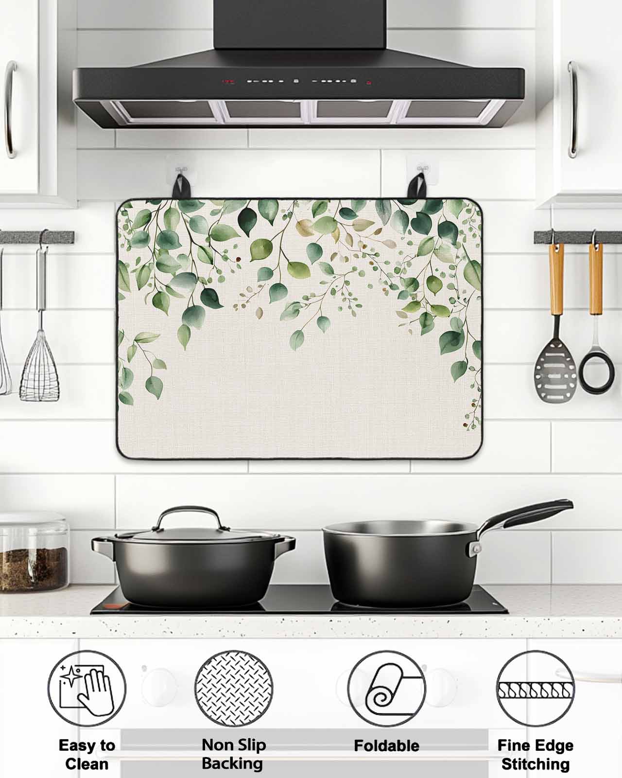 Stove Top Covers for Electric Stove, Eucalyptus Leaf Glass Stovetop Cover Protector, Watercolor Green Plant Vintage Country Induction Cooktop Protector Oven Mat for Kitchen Countertop 24"x21"