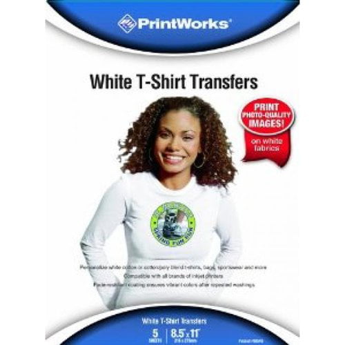 8 ½” x 11” Photo Quality Prints 00546 20 Sheets Printworks White T-Shirt Transfers for Inkjet Printers For Use on White Fabrics Only 