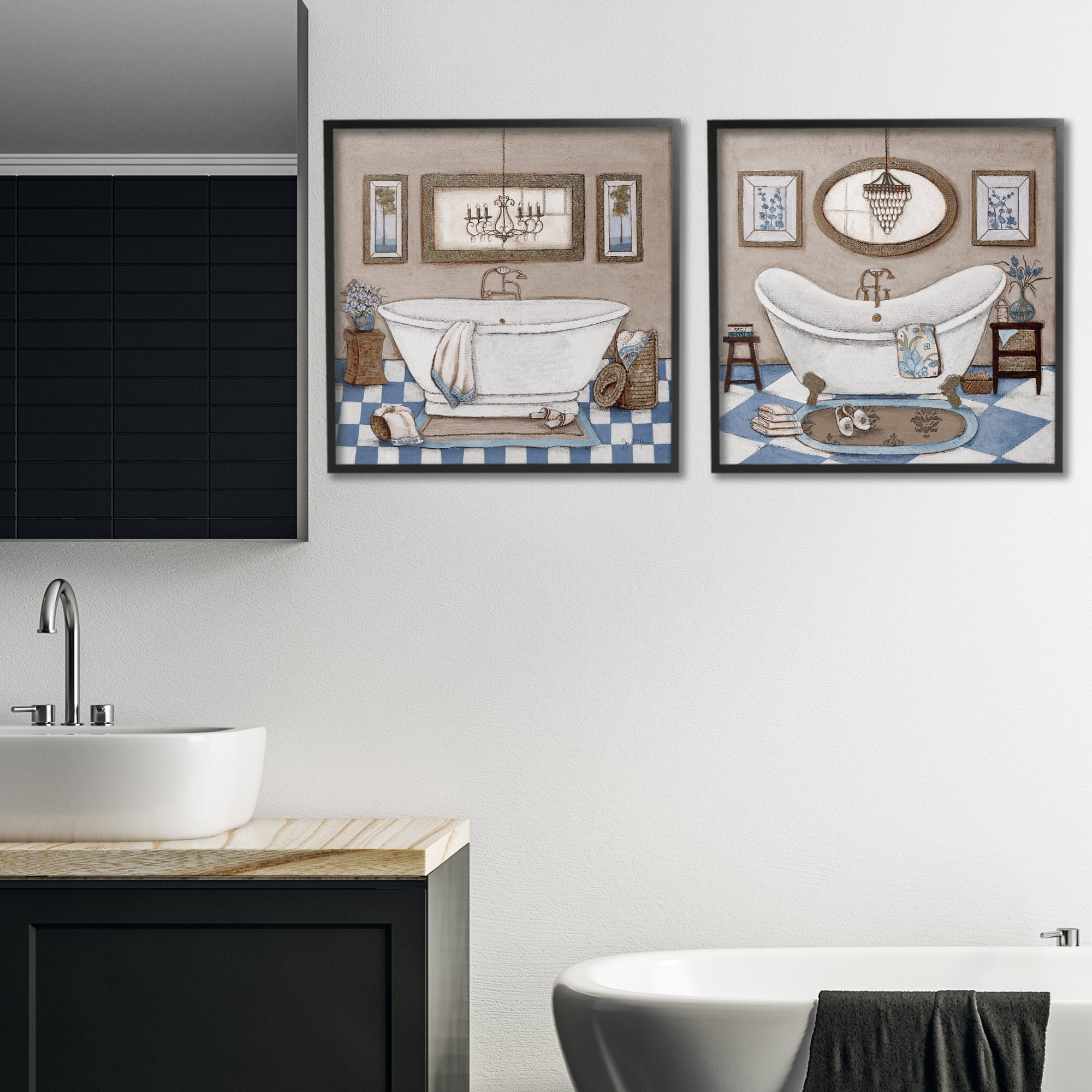 Stupell Industries Tiled Bathroom Views 2 Piece Black Framed Giclee Art Set, design by Janet Tava