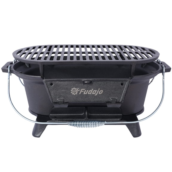 Witaxima Oval Cast Iron Grill Outdoor, Portable Charcoal Grill and Tabletop Cast Iron Skillet - 19.6in Enameled Black Hibachi Grill for Camping, Tailgating & BBQ, 26lb