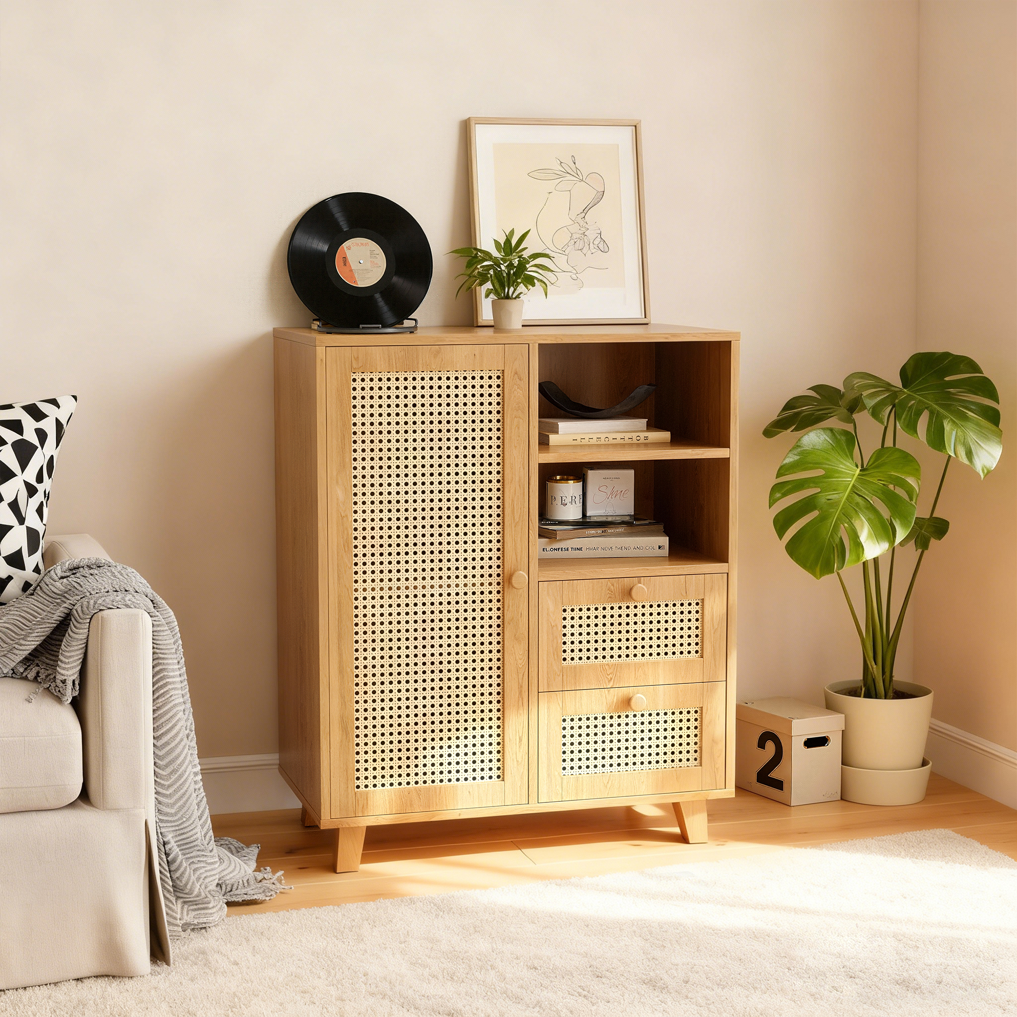 MAYEERTY Rattan Sideboard Cabinet with Drawers & Adjustable Shelf, Versatile Storage for Kitchen & Entryway, Natural