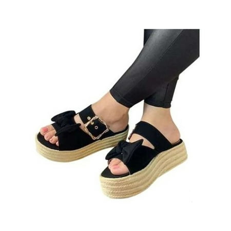 

Avamo Lady Indoor&Outdoor Lightweight Bow Decor Wedge Sandals Beach Durable Espadrille Cozy Open Toe Slippers