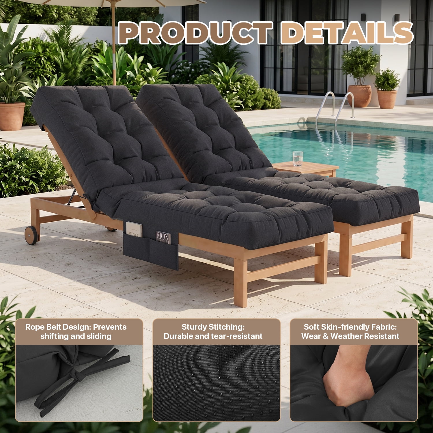 BaPiPro Black 2-Pack Outdoor Chaise Lounge Cushion with Side Pocket, Triple Non-Slip Fixation, All-Weather Durable & Soft Fabric, Thickened Padding, Ideal for Patio and Poolside Use