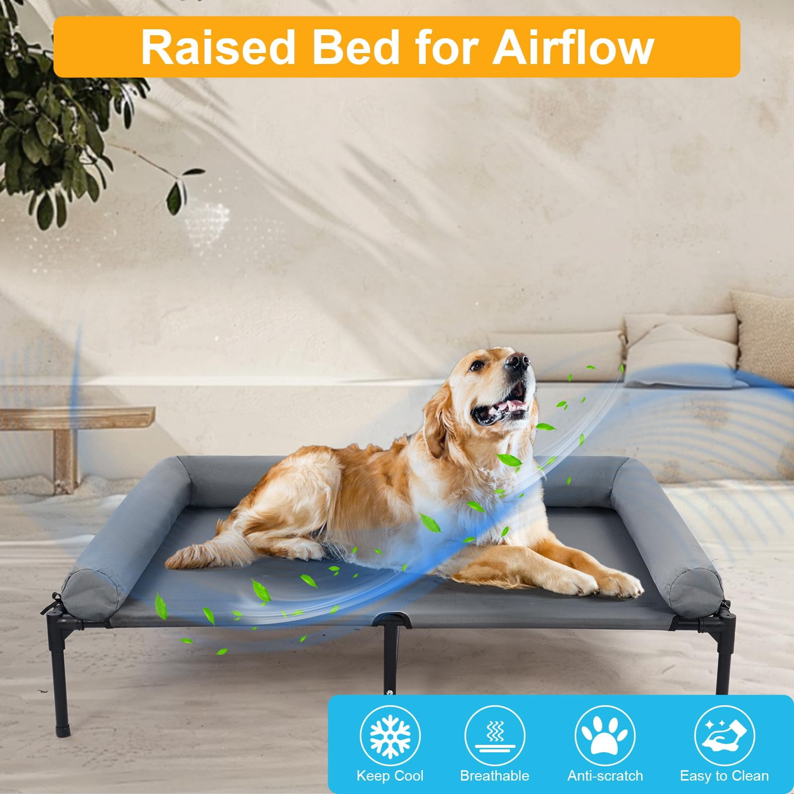 48'' Outdoor Elevated Dog Bed With Pillow  Raised Dogs Six Support Feet Breathable Beds Medium Large Size Pet Hammock 4 Ice Pack(x-large)