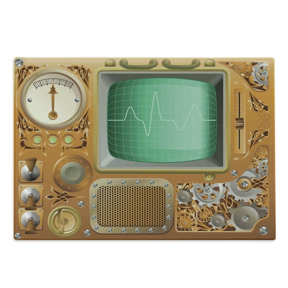 Retro Cutting Board, Industrial Victorian Style Grunge Steampunk TV Gauger Retro Clockwork, Decorative Tempered Glass Cutting and Serving Board, Large Size, Orange Green Pale Grey, by Ambesonne