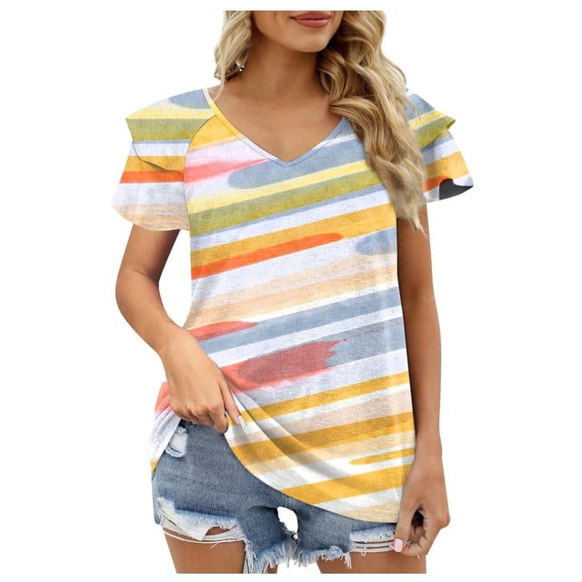 Hauts d'Été Grande Taille pour Femmes, T-Shirt à Col en V, Manches Courtes Imprimées Décontractées, T-Shirt à Manches à Volants Double Couche, T-Shirt à Col en V pour Femmes en Liquidation