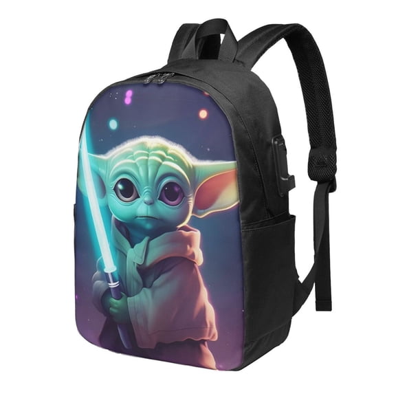 Yoda Backpacks Cute Cartoon Casual School Laptop Bag with USB Charging Port, 17 Inch Bookbag Rucksack for Travel Hiking Work
