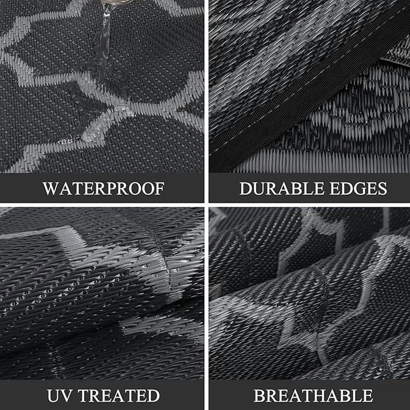 Outdoor Rug 10x14 Reversible Mats, Plastic Straw Rug, Large Floor Mat and Rug for Outdoors, Modern Area Rug, Patio, Backyard, Deck, Picnic, Beach, Trailer, Camping, Black/Grey(Geometric)