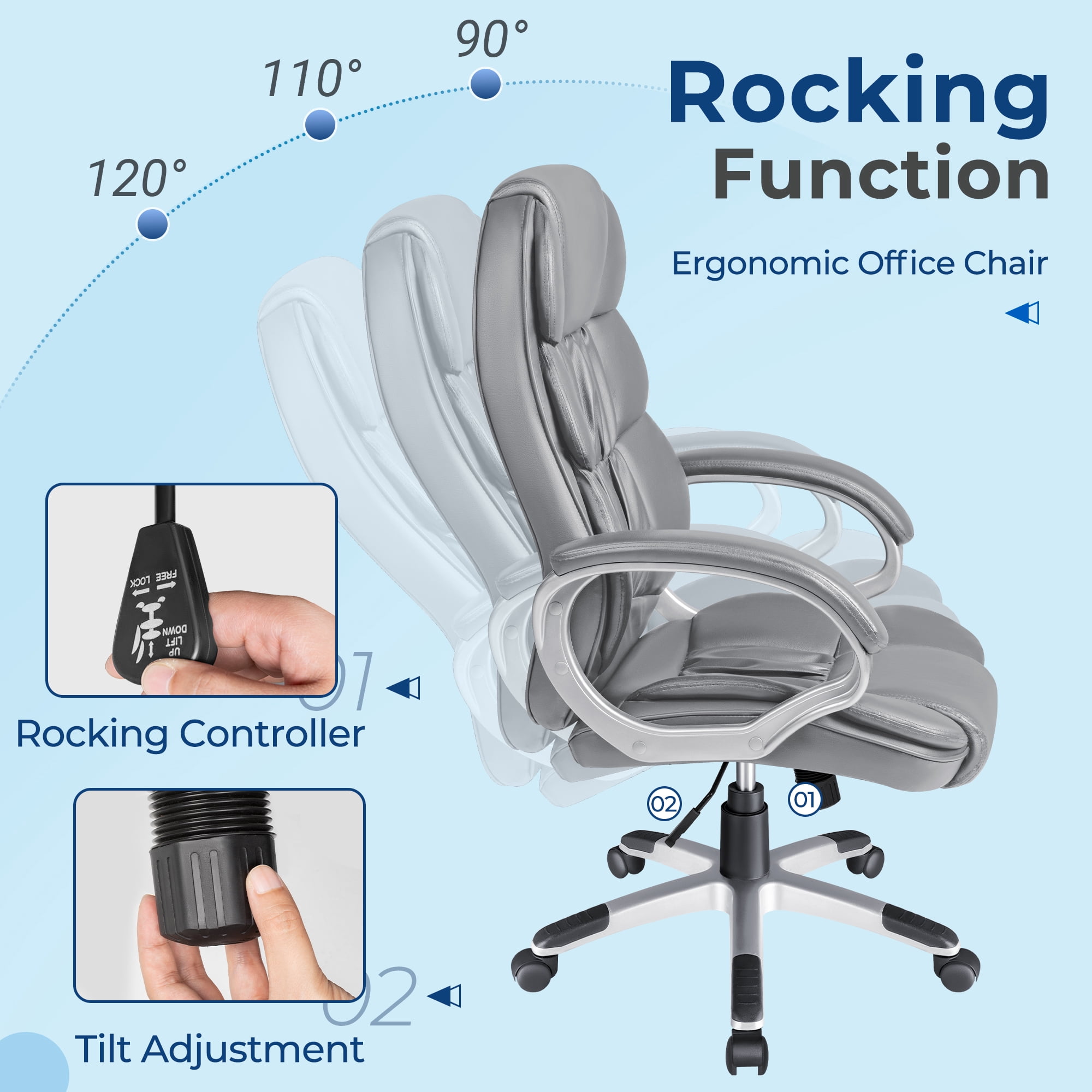 Vineego Office Chair High Back Computer Chair Ergonomic Desk Chair, PU Leather Adjustable Height Modern Executive Swivel Task Chair,Gray