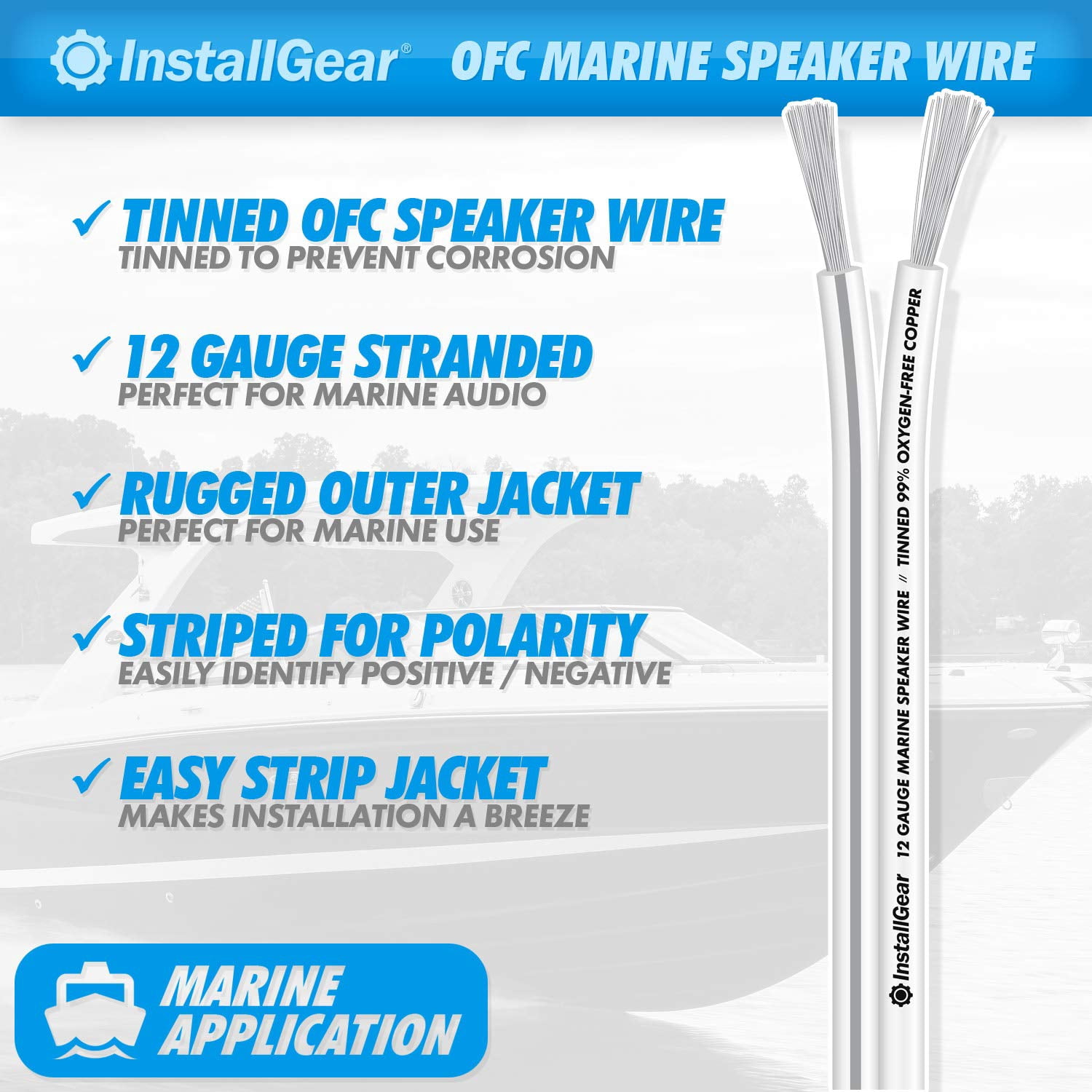InstallGear 12 Gauge Tinned OFC Heavy Duty Boat Marine Speaker Wire (12 Gauge & 50ft) | White Speaker Cable | Speaker Wire 12 Gauge | Marine Wire 12 Gauge Wire for Outdoor