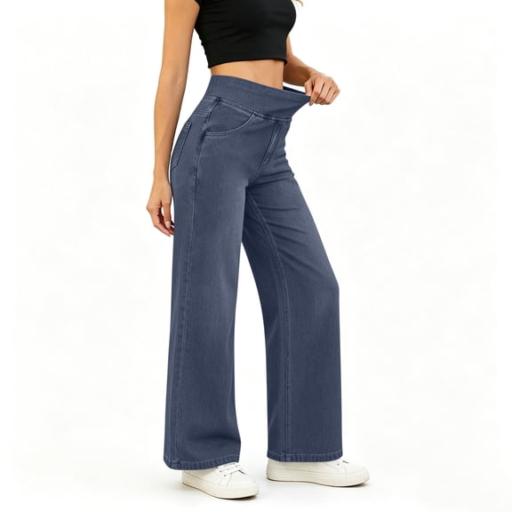 Women's Tummy Control Bell Bottom Jeans High Waisted Wide Leg Flare Pull On Trendy Denim Pants with Pockets