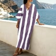 thumbnail image 5 of Casual T Shirt Dress Women's V-Neck Striped Print Three-Quarter Sleeve Maxi Dress With Side Slits Bohemian Flowy Purple S, 5 of 7