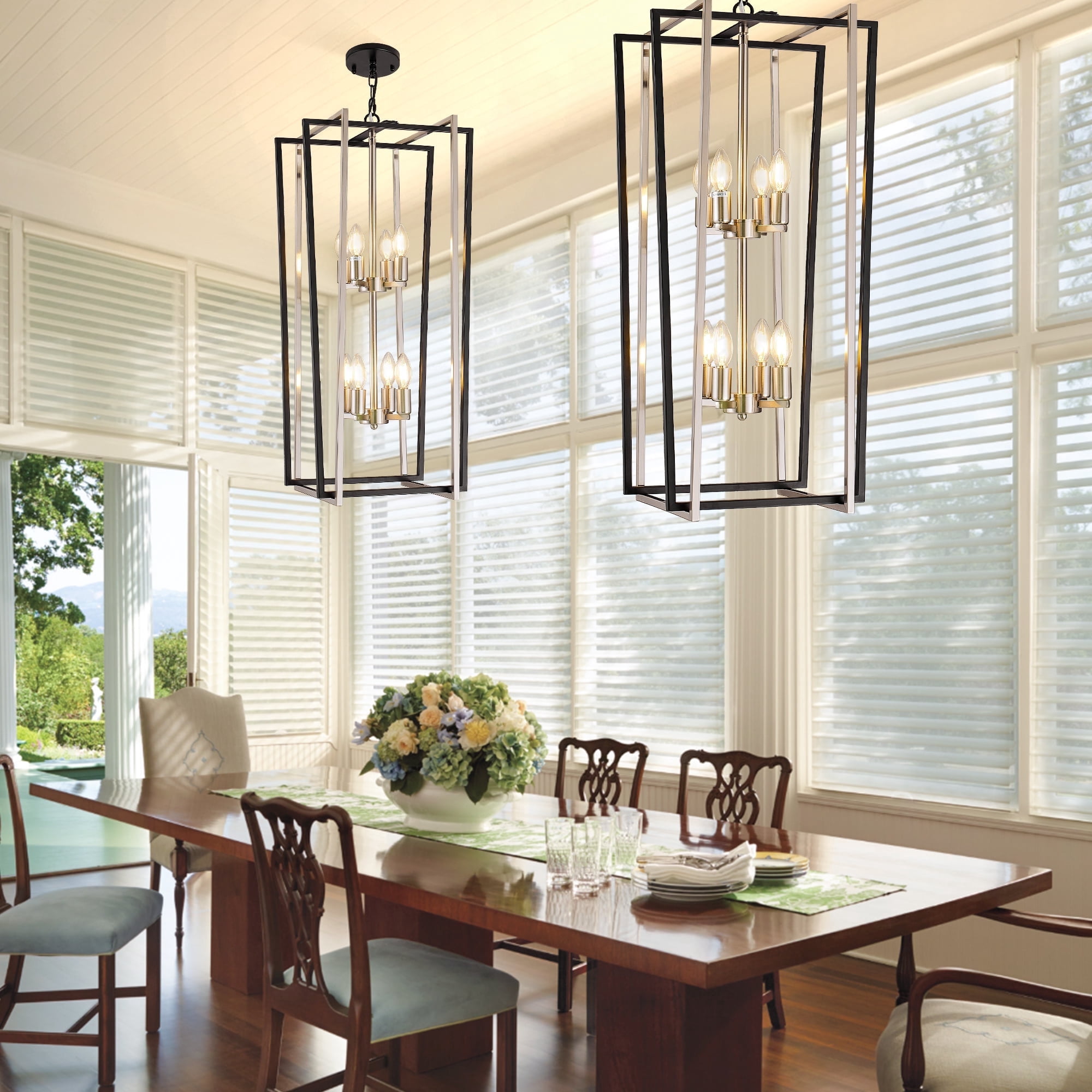 8-Light Silver Farmhouse Lantern Pendant Lighting Fixtures Industrial Geometric Hanging Pendant Light Chandelier E12 Socket