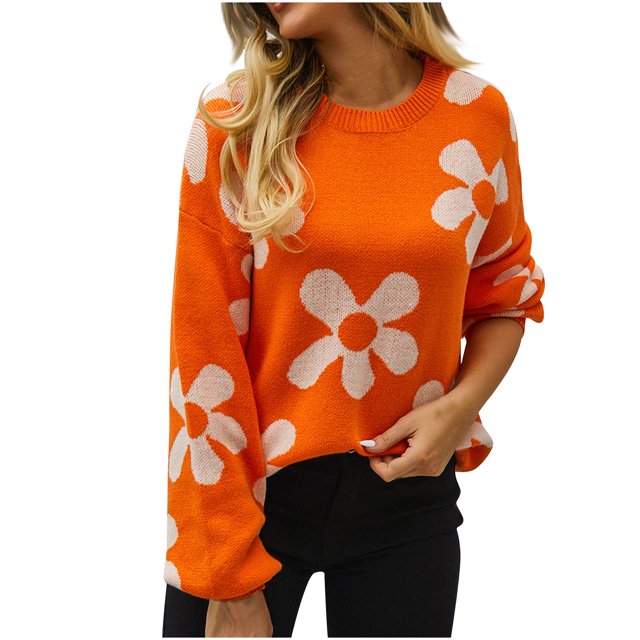 Penkiiy Women's Fall Long Puff Sleeve Sweaters 2024 Casual Crewneck Ribbed Knit Flower Color Block Loose Pullover Tops L Orange