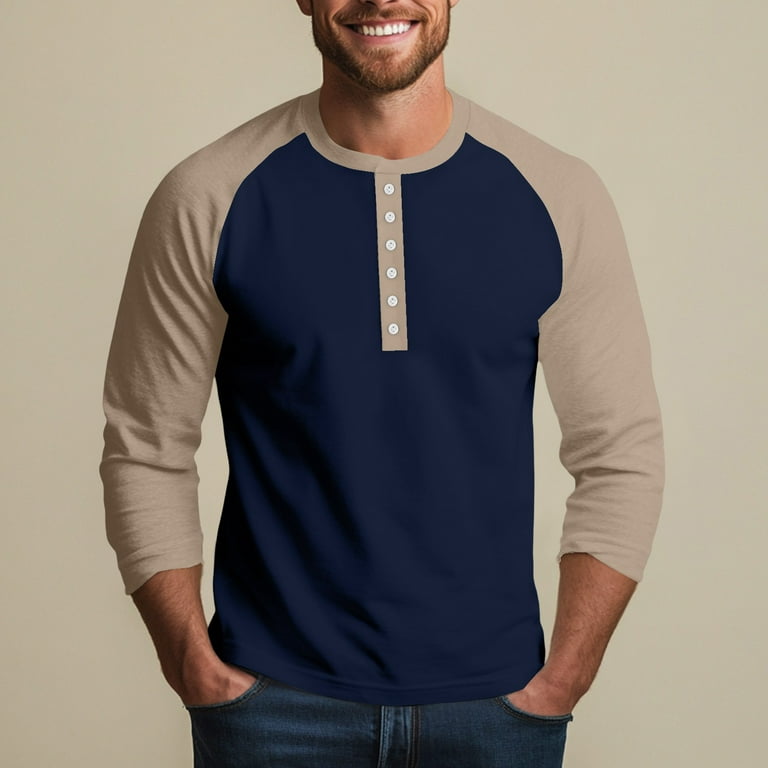 Men'S Tops, Casual Henley Shirts, Raglan 3/4 Sleeve Button-Down