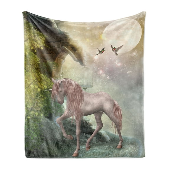Hummingbirds Soft Flannel Fleece Blanket, Unicorn Green Spring Leaves Birds Twinkling Star Moon Mystic Fantasy Fairytale, Cozy Plush for Indoor and Outdoor Use, 50" x 70", Multicolor, by Ambesonne