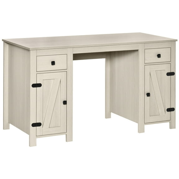 Office Desks HOMCOM Farmhouse Computer Desk with Storage, Home Office Desk with 2 Drawers and 2 Cabinets, Cream White,Home Office Desks