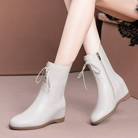 

HHH 2023 New Boots Wedge Short Boots Women s Autumn and Winter Wild Height Increasing round Toe Martin Boots Side Zipper Mother Leather Boots