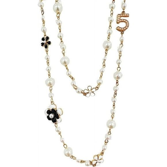 Fashion Jewelry Designer Pearl Camellia Necklace for Women Number 5 Long Double Stranded Necklace Birthday or Holidays Gifts, Pearls, Rhinestone