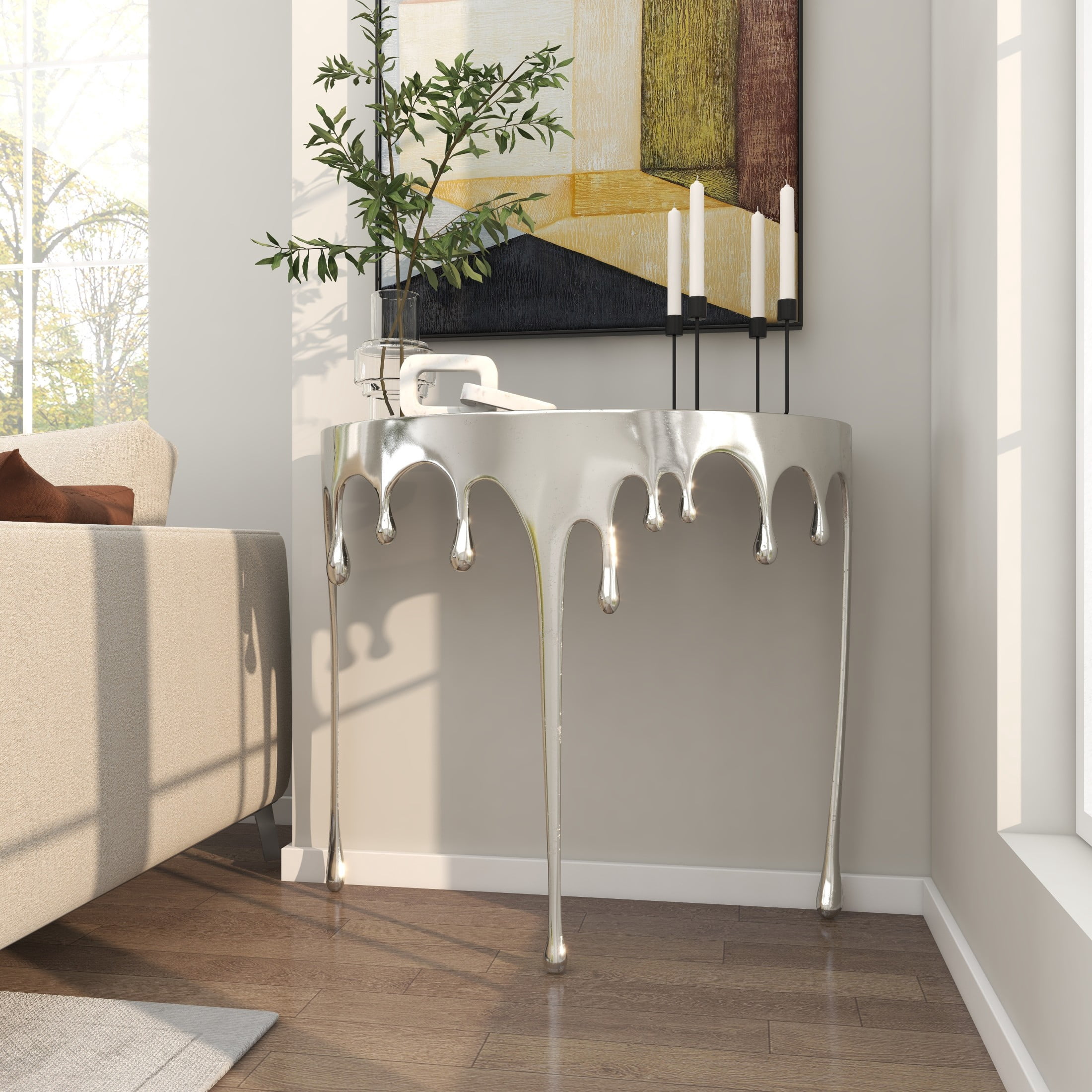 DecMode 36" x 32" Silver Aluminum Metal Half Moon Drip Abstract Console Table with Melting Designed Legs and Black Glass Top, 1-Piece