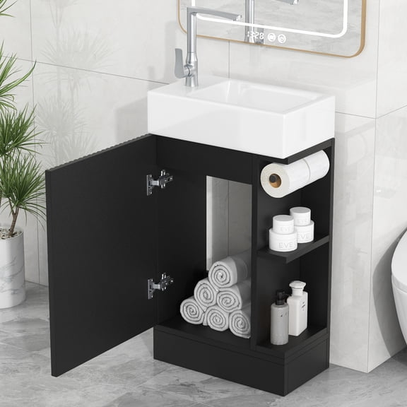 18.6" Bathroom Vanity with Sink, Bathroom Vanity Cabinet with Two-tier Open Shelf & Toilet Paper Holder, Solid Wood Bathroom Vanity with Door, Black