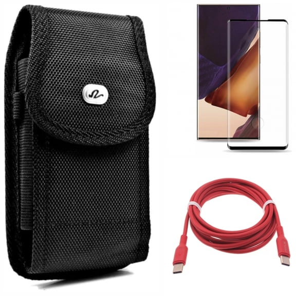 Case Belt Clip & Red 6ft Long Cable & Screen Protector for Samsung Galaxy Note 20 Ultra (6.9") - Combo with Rugged Holster & USB-C to Type-C PD Fast Charger & Tempered Glass (Fingerprint Unlock)
