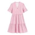 thumbnail image 4 of Miluxas Women's Summer Striped Mini Dress Tiered Ruffle Short Sleeve V Neck T-Shirt Dresses Casual Loose Fit A Line Going Out Dress with Pockets Pink, 4 of 9