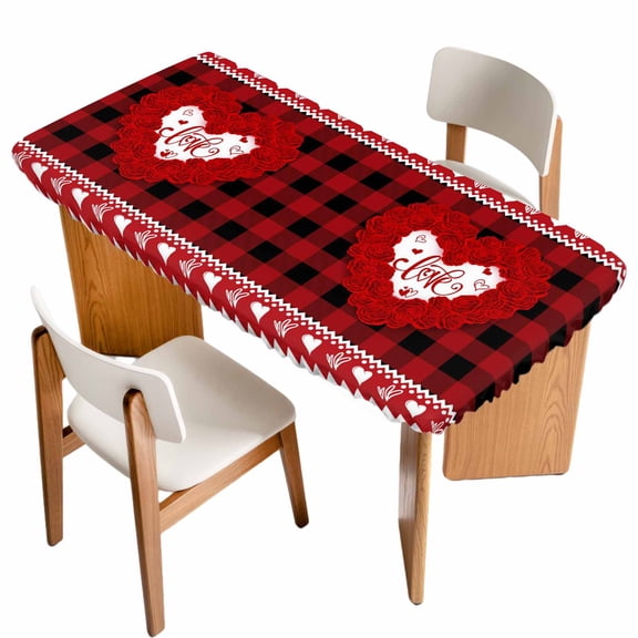 Valentine's Day Table Cloths for 5 Foot Rectangle Tables, Red Love Heart Roses Romantic Modern Art Patio Waterproof Elastic Fitted Tablecloths, Washable Rectangular Table Cover for Camping