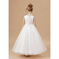 thumbnail image 5 of Floor length Flower Girl Dress with Detachable Beaded Waistband Scoop Neck Tulle Lace Princess Pageant Dress Birthday Party Dress for Girls Elegant Floral Design Special Occasion white 4 -5 Years, 5 of 9