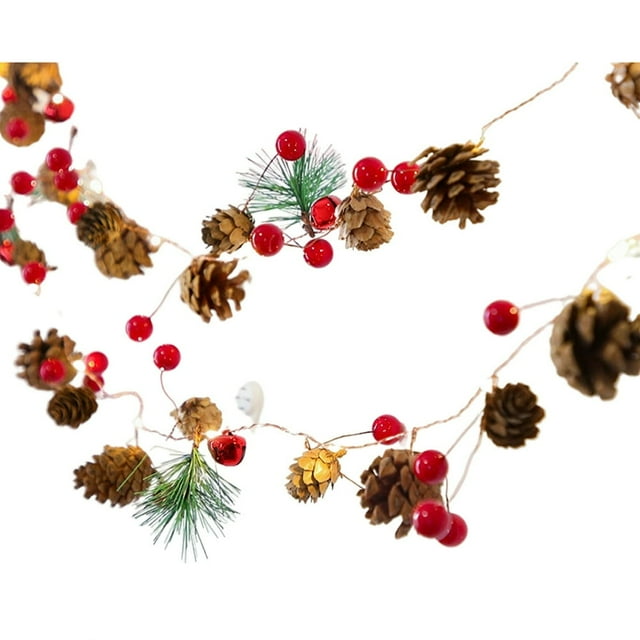 Guirlande Lumineuse de Noël à DEL avec Aiguilles en Forme de Pomme de Pin, Clochette à Baies Rouges pour Décoration de Fête de Noël Intérieure et Extérieure