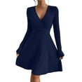 thumbnail image 2 of CharmCyan Long Sleeve V Neck Ribbed Knit Dress for Women A Line Silhouette Soft Fabric Pullover Design Casual Wear Navy M, 2 of 5