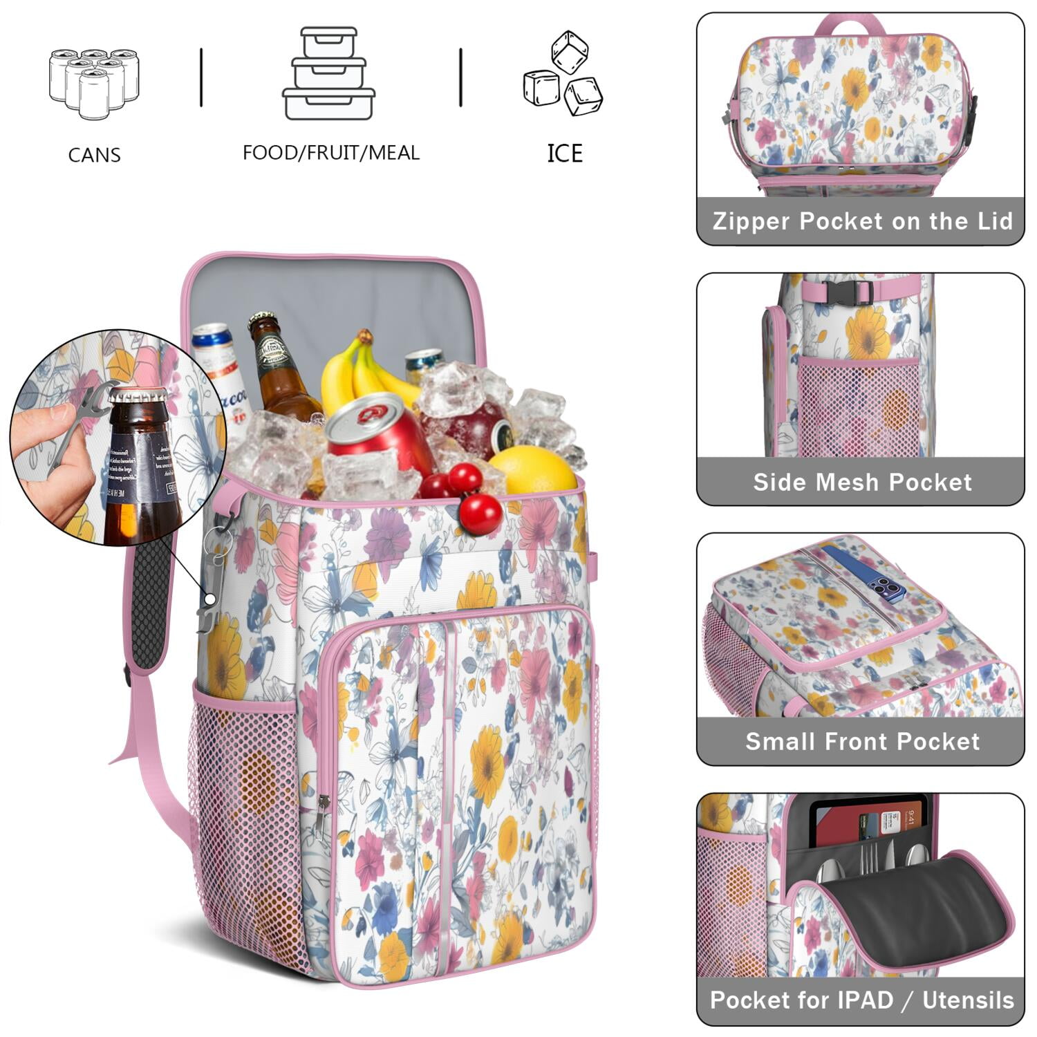 Travel Cooler Bag - Pioneer Flower Floral Print Pattern Camping Beer Cooler Backpack with Bottle Opener- Waterproof Insulated Picnic Backpacks - Cooler Bag for Beach
