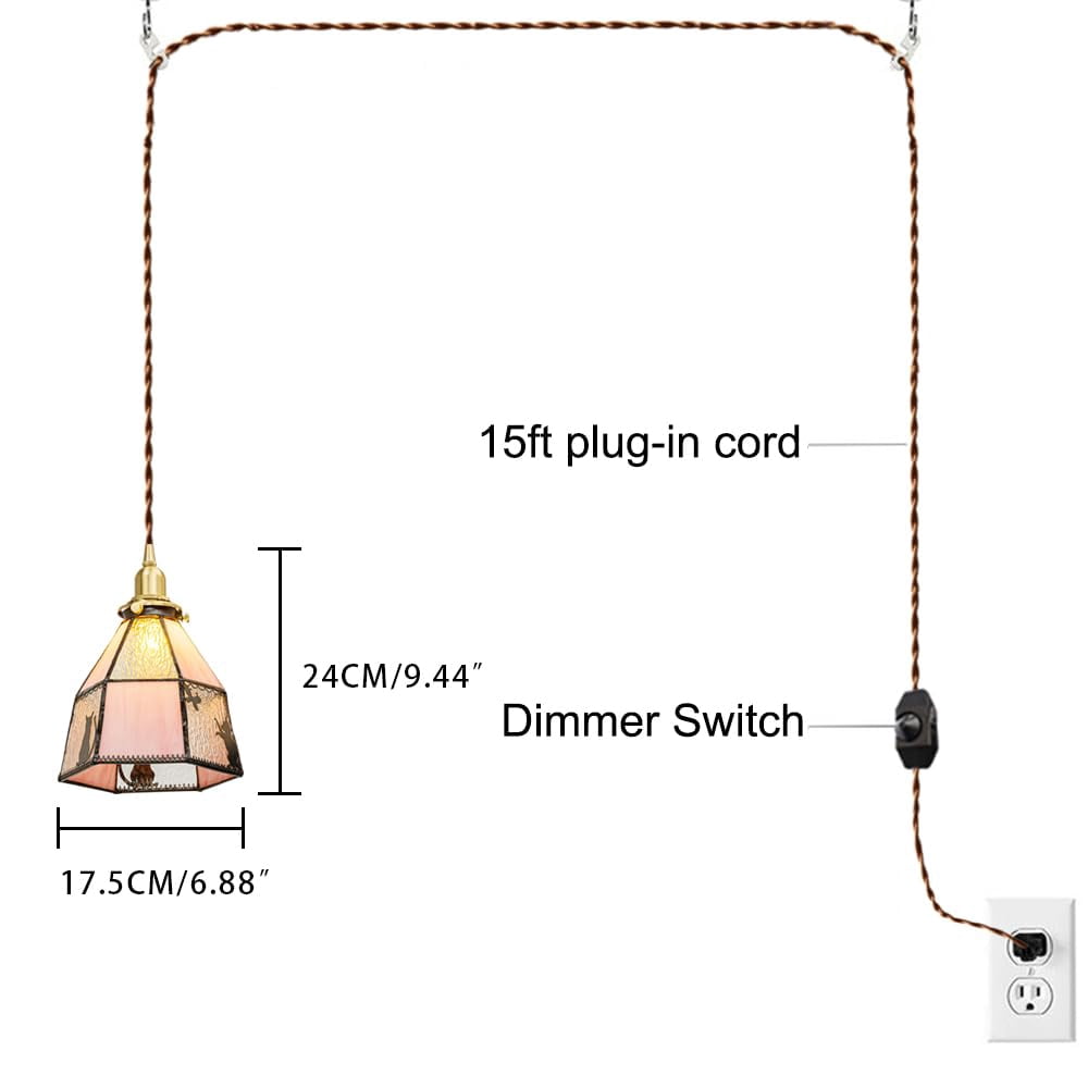 Kiven Plug in Pendant Light, Farmhouse Hanging Light Fixture with Remote and Stained Glass Lampsade, E26 Socket Dimmable Pendant Light for Bedroom Hallway Kitchen DZ0489