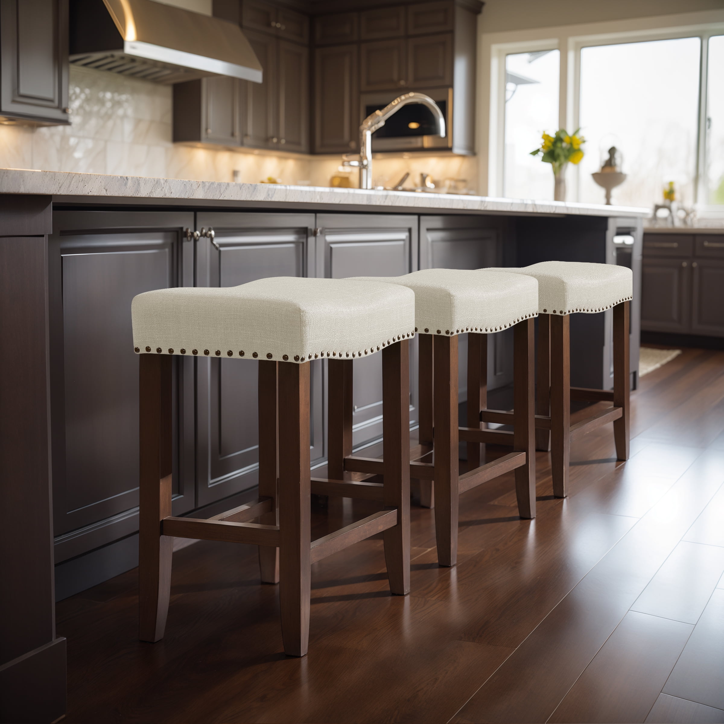 Subrtex 29" Backless Saddle Bar Stool, Wood Upholstered Counter Stool for Kitchen, Set of 2, Ivory