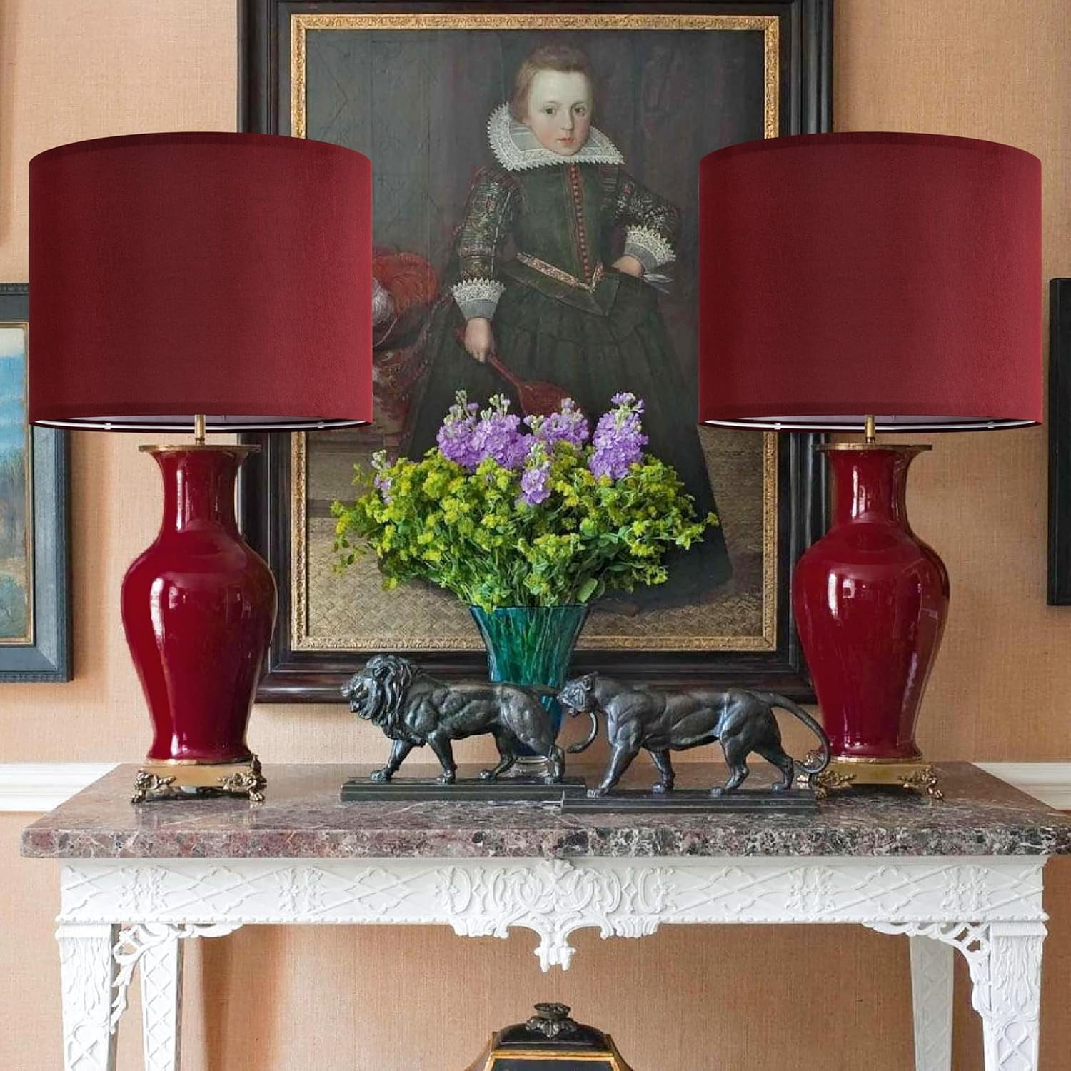 13" Burgundy Red Lamp Shades Faux Silk, Set of 2 Medium Victorian Lamp Shades for Table Lamps Floor Lamps,13 ×13 ×10 IN (Spider) Lampshades Replace,Night Stand Light for Bedroom Required Assembly