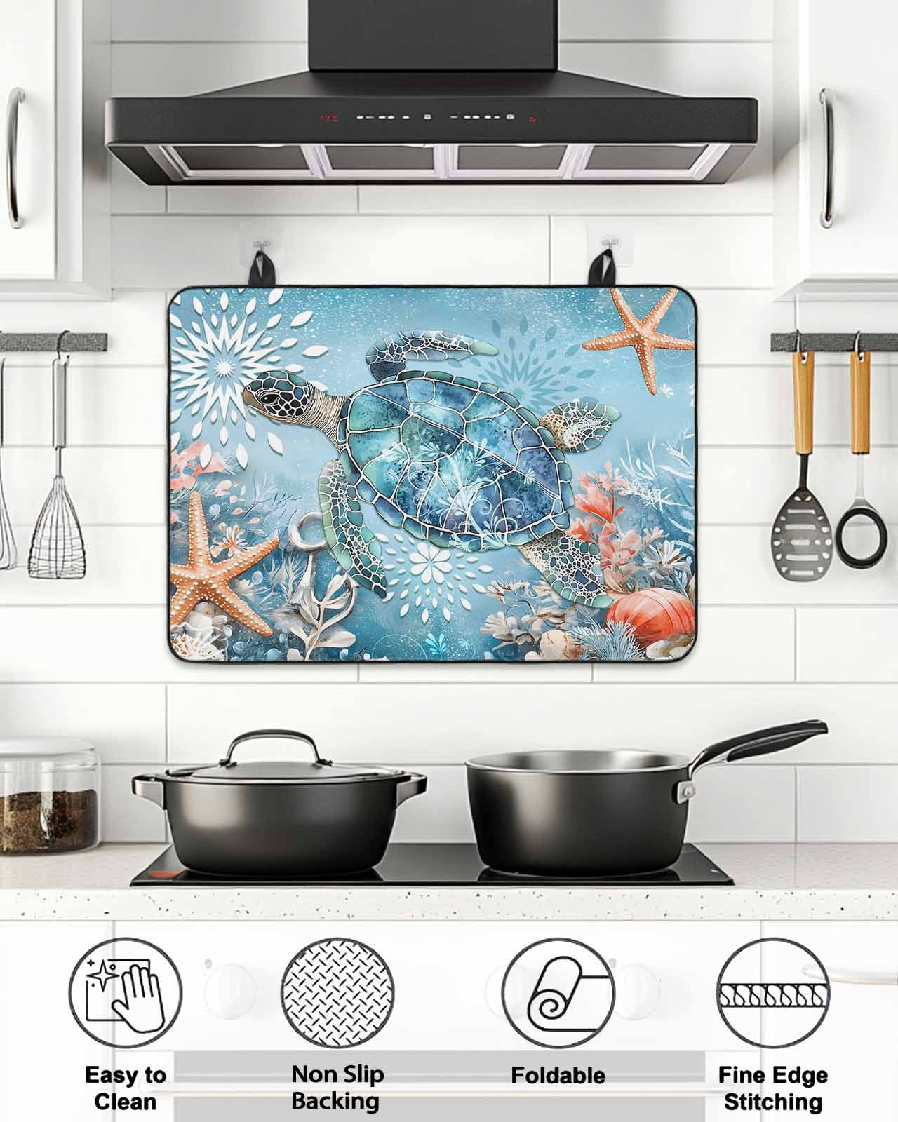Stove Top Covers for Electric Stove, Blue Coastal Sea Turtle Glass Stovetop Cover Protector, Summer Beach Starfish Botanical Induction Cooktop Protector Oven Mat for Kitchen Countertop 24"x21"