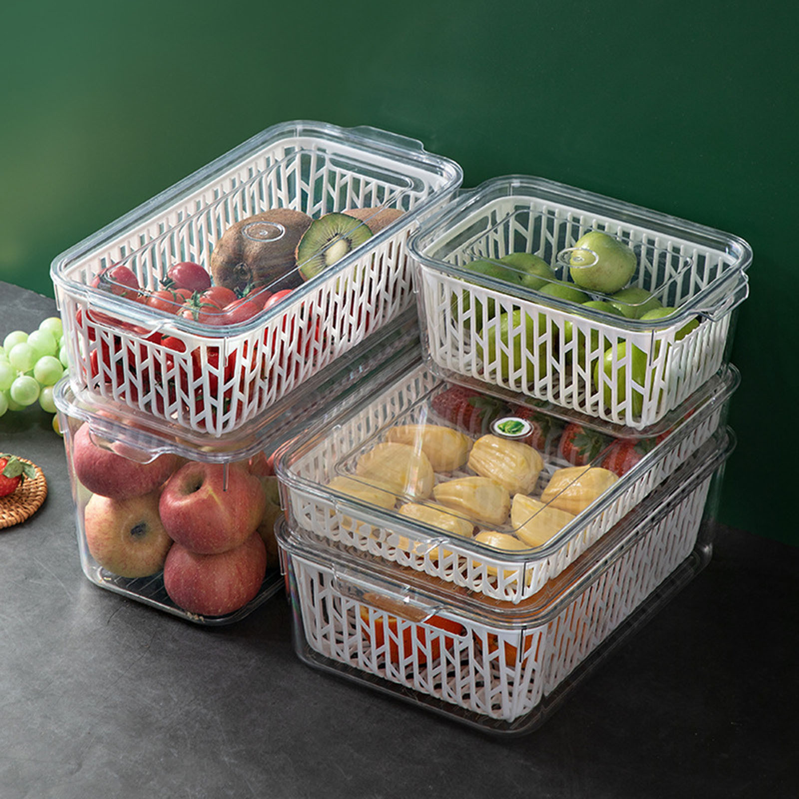 Modular Refrigerator Fresh-Keeper System with Drainage Grid - Food-Grade Sealed Container for Vegetable Hydration, Fruit Preservation & Egg Stacking | BPA-Free Crisper Organizer(13.19x6.5x3.94")