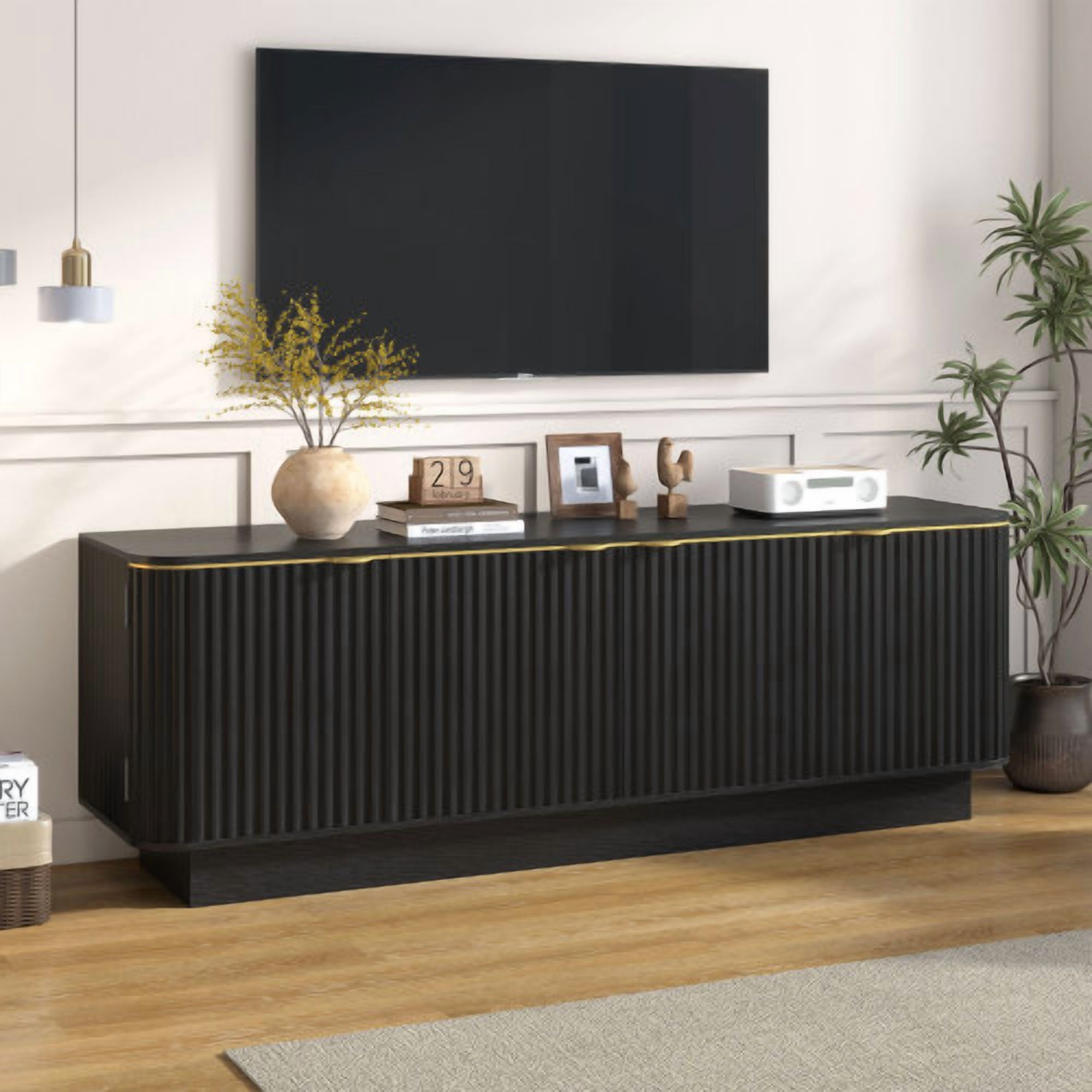 70 Inch Mid-Century Modern TV Stand, Fluted Wood Media Console with Adjustable Shelves and Cable Holes, Entertainment Center with Storage Cabinets, Farmhouse TV Cabinet for Living Room, Black