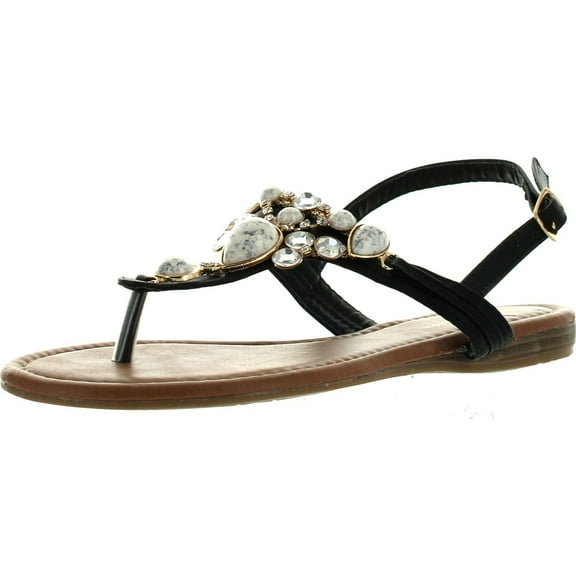 Top Moda CB-6 Womens T-Strap Slim Strap Gemstone Buckle Flats Sandals