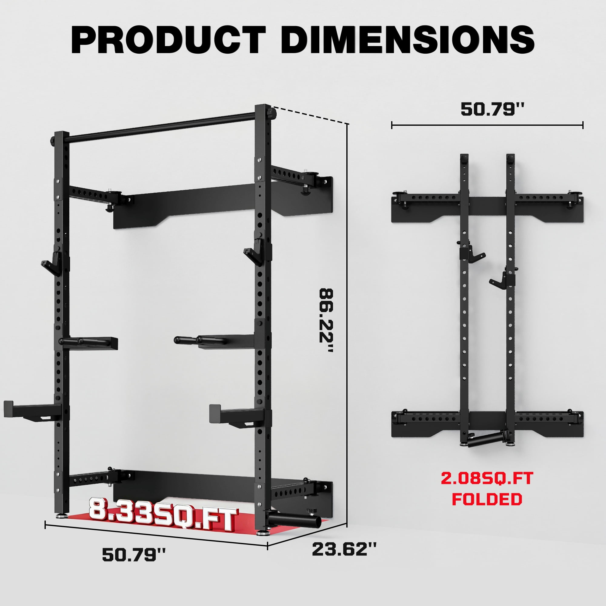 Folding Wall Mounted Squat Rack,1000 lbs Capacity Power Rack for Home Gym,Space-Saving Foldable Squat Rack with Pull-Up Bar & Landmine,Heavy-Duty 2.36" x 2.36" Steel Frame Power Cage